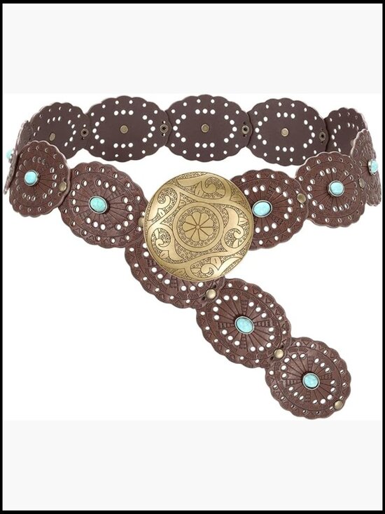 Wide Western Disc Belt with Turquoise Women Cowgirl Cowboy Boho Country Leather